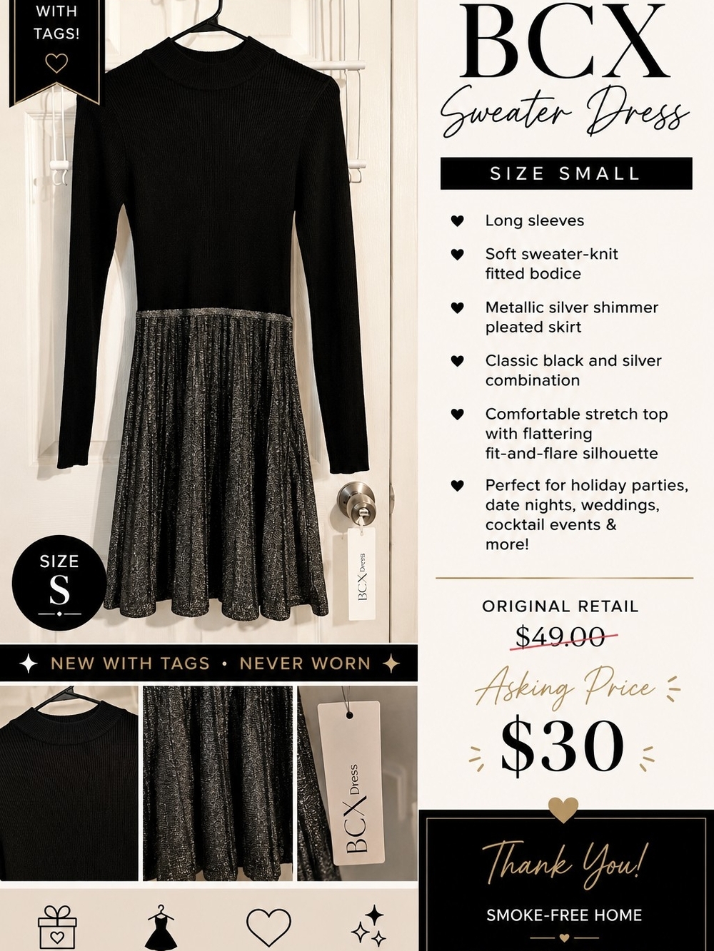 BCX Black and Silver Fit-and-Flare Long Sleeve Dress